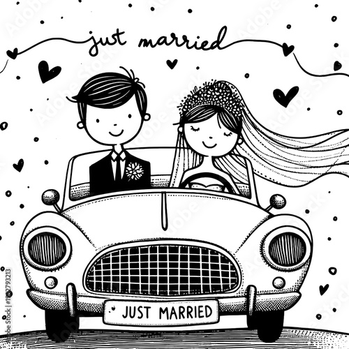 Just Married: A charming hand-drawn illustration captures the pure joy and excitement of a newlywed couple embarking on their journey together in a classic car.