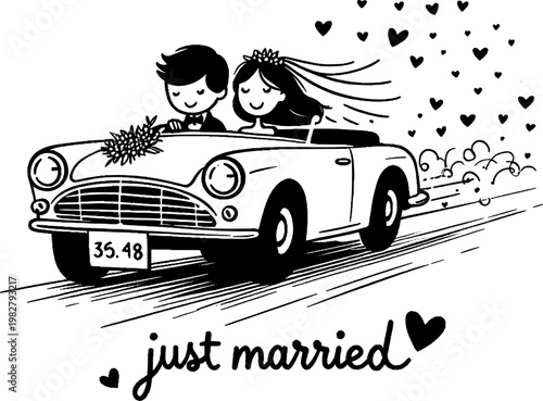 Just Married Joyride: A newlywed couple embarks on a joyous journey in a classic car, surrounded by the sweet symbols of love. Capturing the spirit of just married and the promise of a shared future.