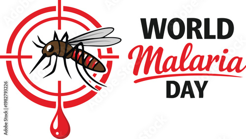 World malaria day poster design with a mosquito inside a red target symbol and a blood drop icon