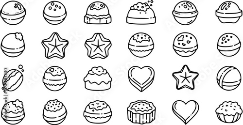 Black and White Line Art Icons of Assorted Sweets and Candies