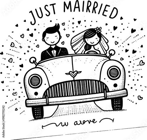 Newlyweds' Joyride: A delightful sketch captures the bliss of a newly married couple, embarking on their life's journey in a charming vintage car, surrounded by symbols of love and happiness.