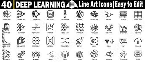 Deep learning line art icons. Easy to edit for artificial intelligence, neural networks, and machine learning vector illustration concepts.