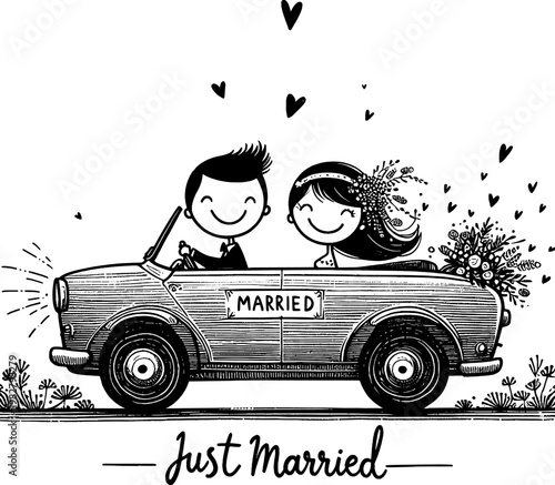Just Married Car: A whimsical illustration of a newlywed couple embarking on their journey together in a classic car, symbolizing love, happiness, and a new beginning.