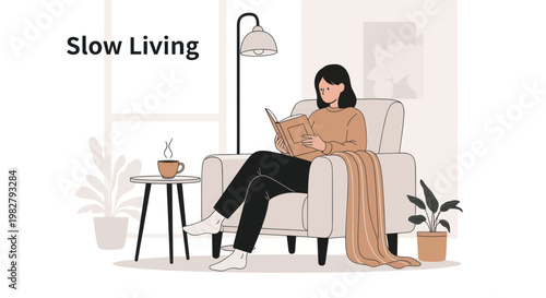 Woman Reading Book in Cozy Armchair, Slow Living, Hygge Lifestyle, Relaxing at Home