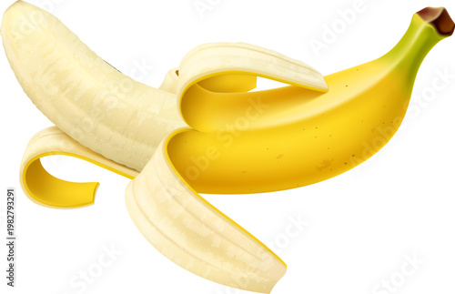 Realistic ripe yellow banana fruit. Isolated 3d vector peeled tropical plant showing fresh, ripe creamy flesh with curling yellow skin. Exotic dessert, healthy eating ingredient for snack and smoothie