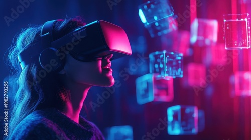 A woman wearing a virtual reality headset in a futuristic environment with neon lights