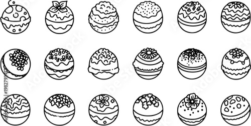 Black and White Line Art Icons of Assorted Chocolate Truffles, Food and Sweets Collection