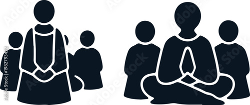 Group of people meditating in a yoga class or spiritual gathering with a transparent background.