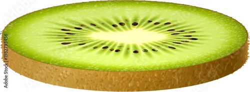 Realistic ripe kiwi fruit ring. Isolated 3d vector fresh tropical plant cross section slice showing bright green flesh, small black seeds and fuzzy brown skin. Render for food and nutrition packaging