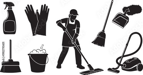 Cleaning Supplies and Janitor Equipment Silhouette Vector