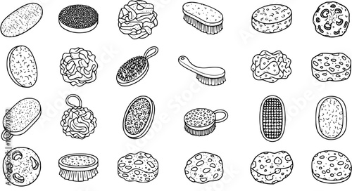 Black and White Line Art Illustration of Various Bath Sponges and Brushes for Personal Care