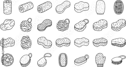 Personal Care and Bathroom Hygiene Black and White Line Art Doodle Icons. Hand-Drawn Set of Sponges, Loofahs, and Bath Brushes Collection.