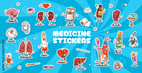 Groovy human body organ and medicine characters stickers of brain, lungs, kidneys, liver and heart, syringe, bandage, microscope and blood bag, stethoscope, clipboard, thermometer, pill and toothpaste