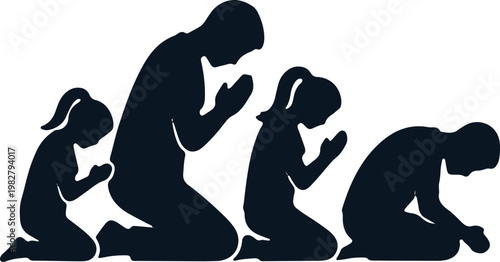 Family praying together father mother and children religious devotion isolated.