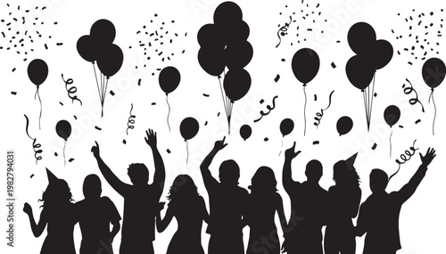 Silhouette of people celebrating with balloons and confetti