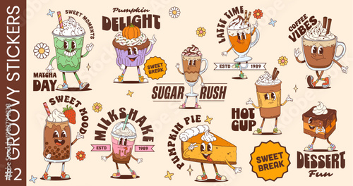 Y2K groovy hippie sweet dessert characters funky stickers. Vector chilled matcha latte, bubble tea, coffee mug, hot cocoa, cupcake, milkshake and slice of pumpkin pie personages
