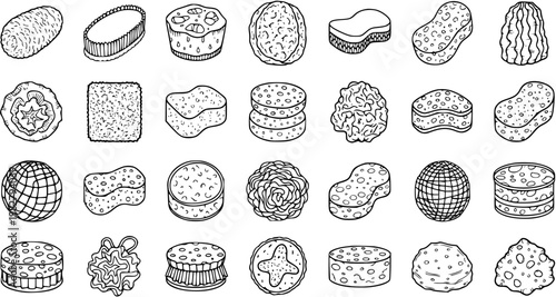 Black and White Line Art Collection of Assorted Sponges for Bath and Cleaning