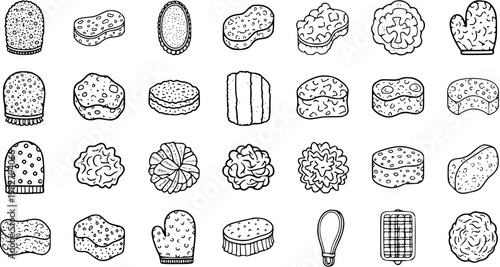 Black and White Line Art Collection of Various Sponges and Scrubbers for Bath and Cleaning