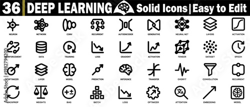 Deep learning solid icons. Including neural networks, convolution, autoencoder, generative, and recurrent networks with clear visuals on a transparent background vector illustration.