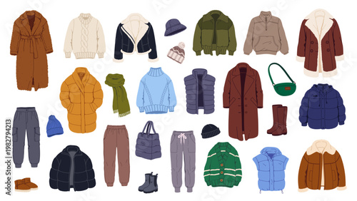 Winter wardrobe clothes and shoes with coats, jackets and sweaters, hoodies and cardigans, warm pants and bags, knitted hat, scarves. Raincoat, down jacket, sheepskin coat, trousers and boots outfit