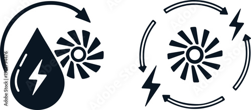 Two icons of hydroelectric power generation showing water drop, turbine, and lightning.