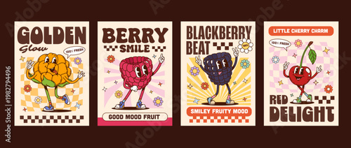 Funny ripe berries groovy hippie characters posters with vector slogans. Golden glow, 100 percent fresh and good mood fruit. Blackberry beat, smile fruity mood, little cherry charm and red delight