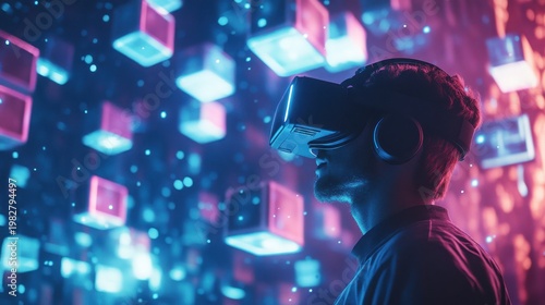 A man wearing a virtual reality headset in a futuristic environment with neon lights and floating cubes.