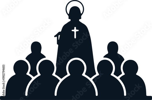 Religious leader giving sermon to gathered faithful people in church.