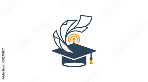 Vector Icon of Graduate Hat and Book with Emerging Digital Signal in Flat Style