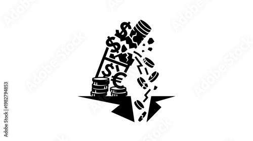 Icon of Falling Coins and Currency Symbols for Financial Loss or Bankruptcy Representation