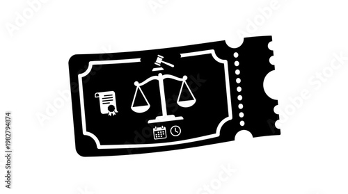 Icon of Movie Ticket Stub with Scales of Justice and Legal Symbols for Entertainment and Law