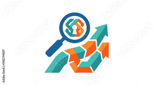 Vector Icon of Business Growth Analysis with Magnifying Glass and Upward Arrows