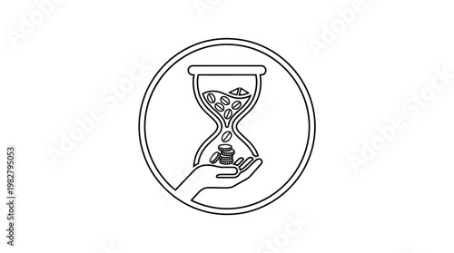 Minimalist Icon of an Hourglass with a Hand Supporting It in a Simple Line Style