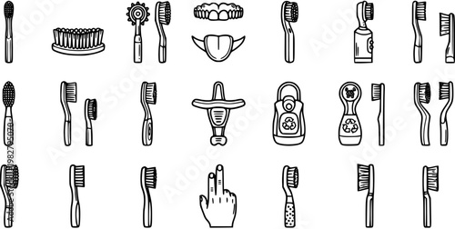 Dental Oral Hygiene Toothbrush Icons Set. Black and White Line Art Outline Vector Collection of Teeth Cleaning Tools and Appliances for Health Care.