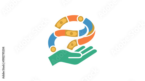 Icon of a Hand Holding Money with Coins and Banknotes in a Modern Vector Style