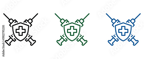 Medical syringe with protection shield icon set, clean editable stroke vector collection featuring vaccine injection, shield protection, and immune strength indicators for hospital care