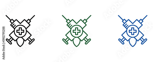 Medical syringe with protection shield icon set, vaccination safety and immune system boost symbols in modern line and flat vector style