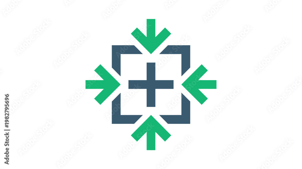 Obraz premium Icon Of Medical First Aid Kit Cross Inside A Square With Green Arrows