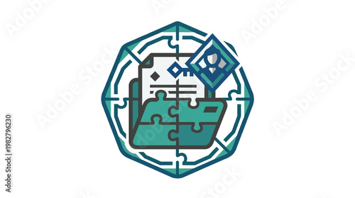 Icon of Digital Puzzle and Puzzle Piece in Circular Design with Technology Style