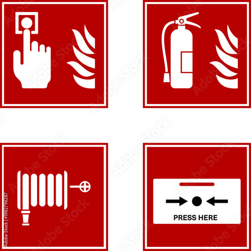Fire Safety Equipment Icons Set Red Emergency Symbols.  Fire Alarm icon, Fire Alarm Emergency Sign with Push Button Icon vector.  isolated on transparent background