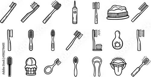 Dental Hygiene Toothbrush and Oral Care Tools Icon Set in Black and White Hand-Drawn Line Art Style