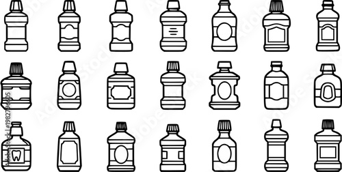Dental Health Hygiene Mouthwash Bottles Line Art Icons Set. Simple Black and White Outline Illustrations of Antiseptic Liquid Product Containers.