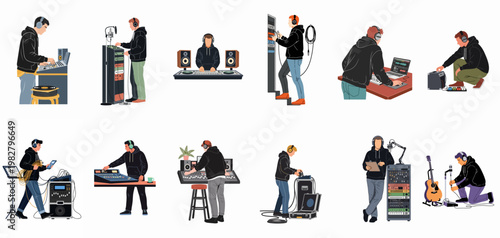 Collection of professional sound engineers and DJs working with various audio equipment, mixing consoles, and recording gear in a flat illustration style.