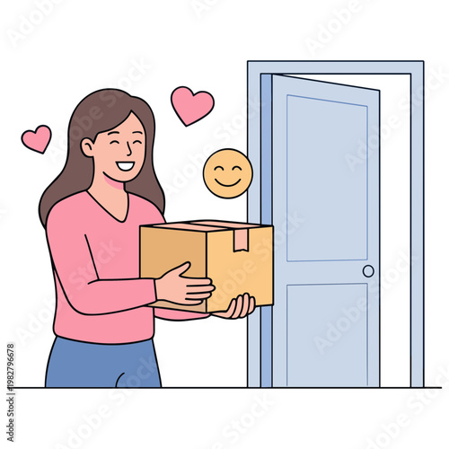 Woman happily receives a package at her doorstep with love.