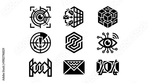 Icon Set of Futuristic Abstract Dot and Line Technology Symbols in Vector Style