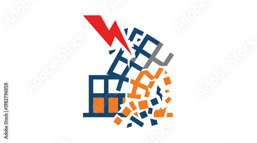 Icon of Falling Building and Crumbling Structure in Flat Vector Style