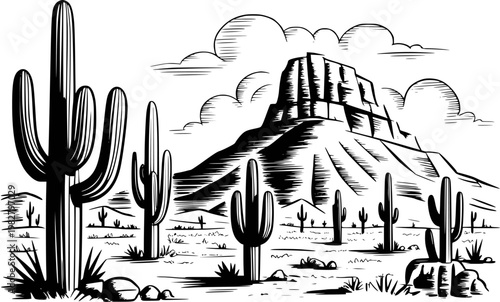 Photos Black and white desert landscape with saguaro cacti and mountain silhouette cact