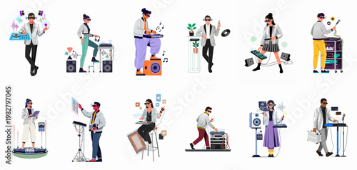 Collection of flat vector illustrations featuring diverse DJs and music producers operating futuristic audio gear and high-tech sound equipment.