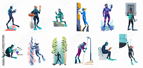 Set of diverse scuba divers performing various underwater tasks, research, and exploration activities in a stylized vector illustration style.