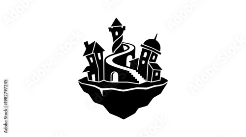 Icon of a Fantasy Village with Tower and Bridges in a Whimsical Style